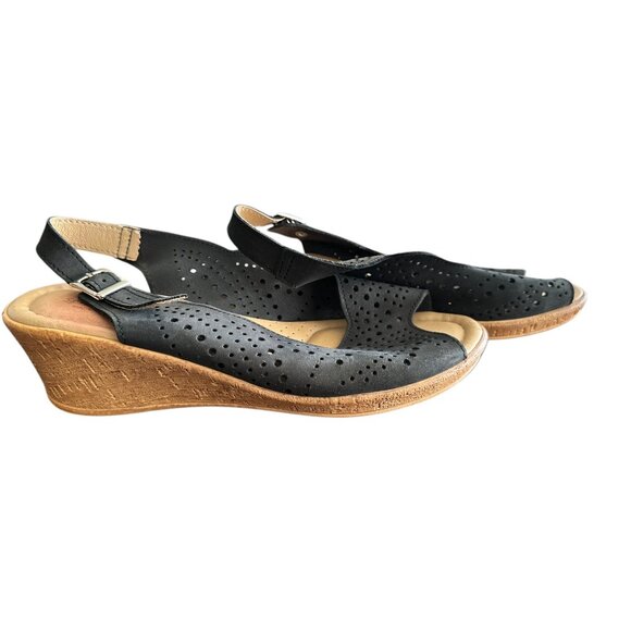 Spring Step Black Leather Wedge Sandals Size 40 Adjustable Strap Comfort Shoes - Picture 2 of 5